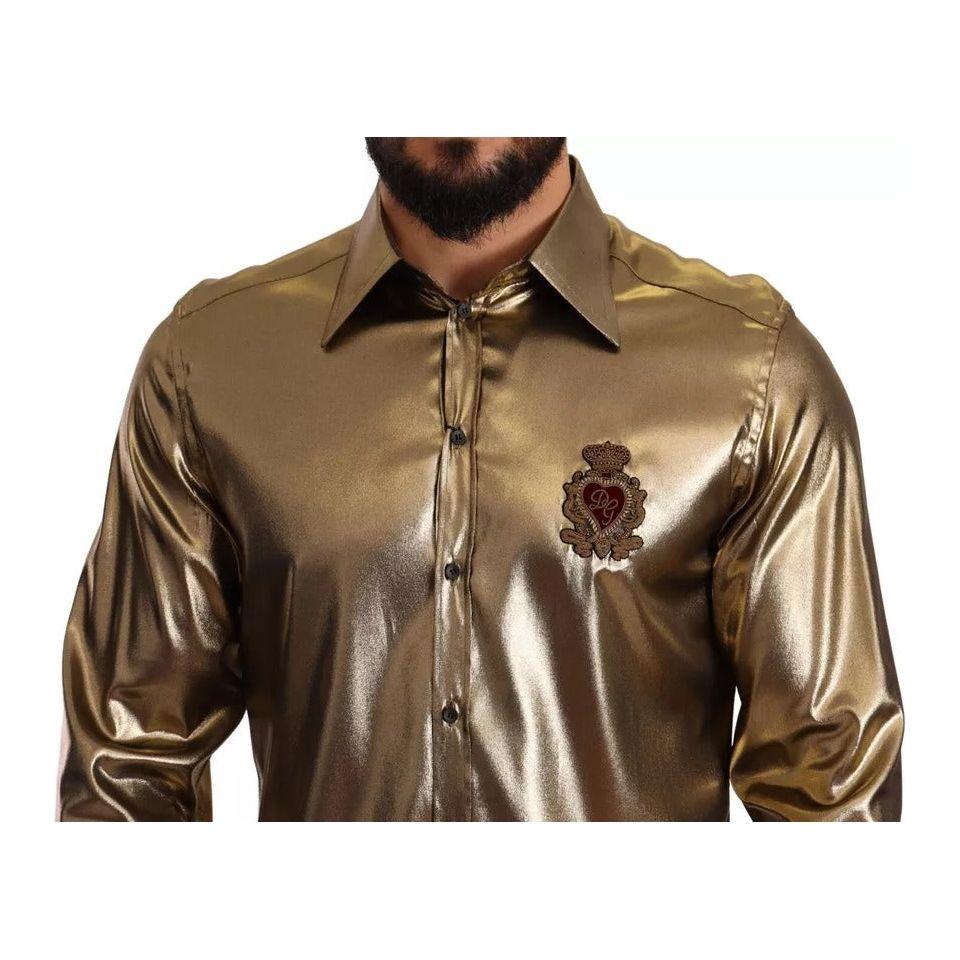 Dolce & Gabbana Metallic Gold DG Embroidered Crown Silk Top Shirt Dolce & Gabbana Dark Olive Green