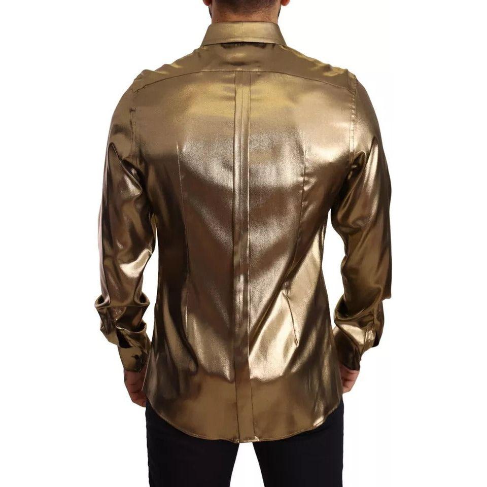 Dolce & Gabbana Metallic Gold DG Embroidered Crown Silk Top Shirt Dolce & Gabbana Dark Olive Green
