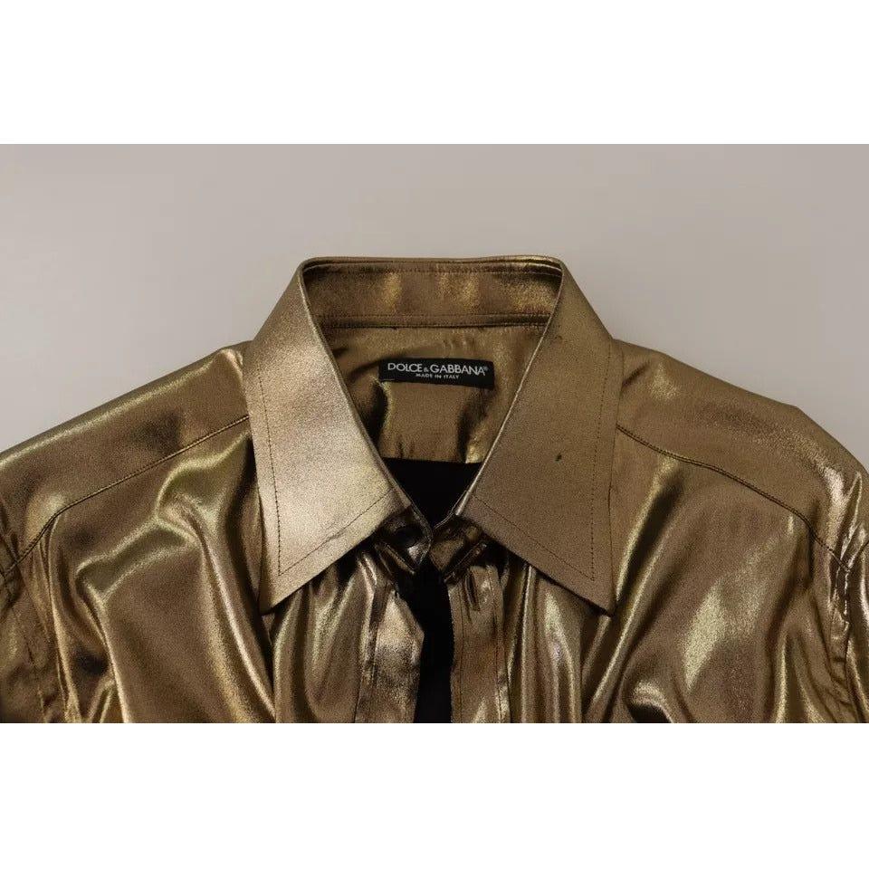 Dolce & Gabbana Metallic Gold DG Embroidered Crown Silk Top Shirt Dolce & Gabbana Dark Olive Green