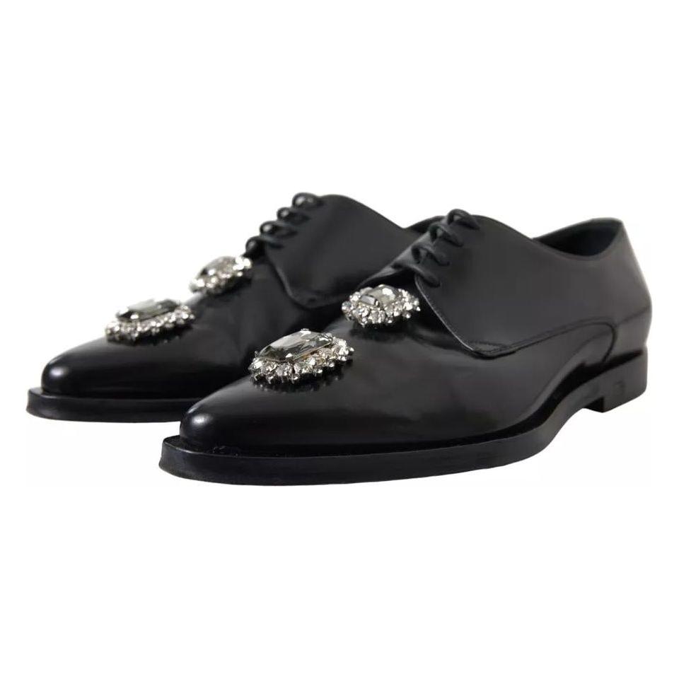 Dolce & Gabbana Black Leather Crystal Lace Up Formal Shoes Dolce & Gabbana Dark Slate Gray