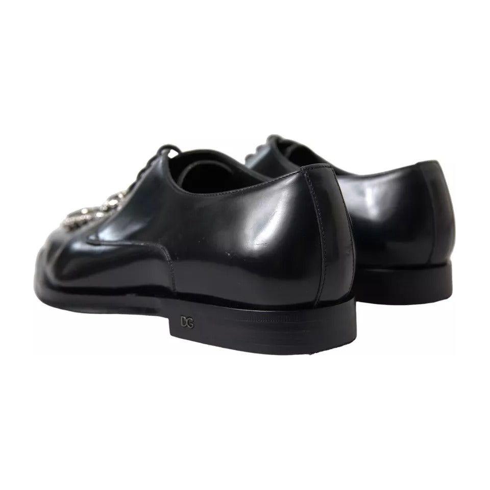Dolce & Gabbana Black Leather Crystal Lace Up Formal Shoes Dolce & Gabbana Dark Slate Gray