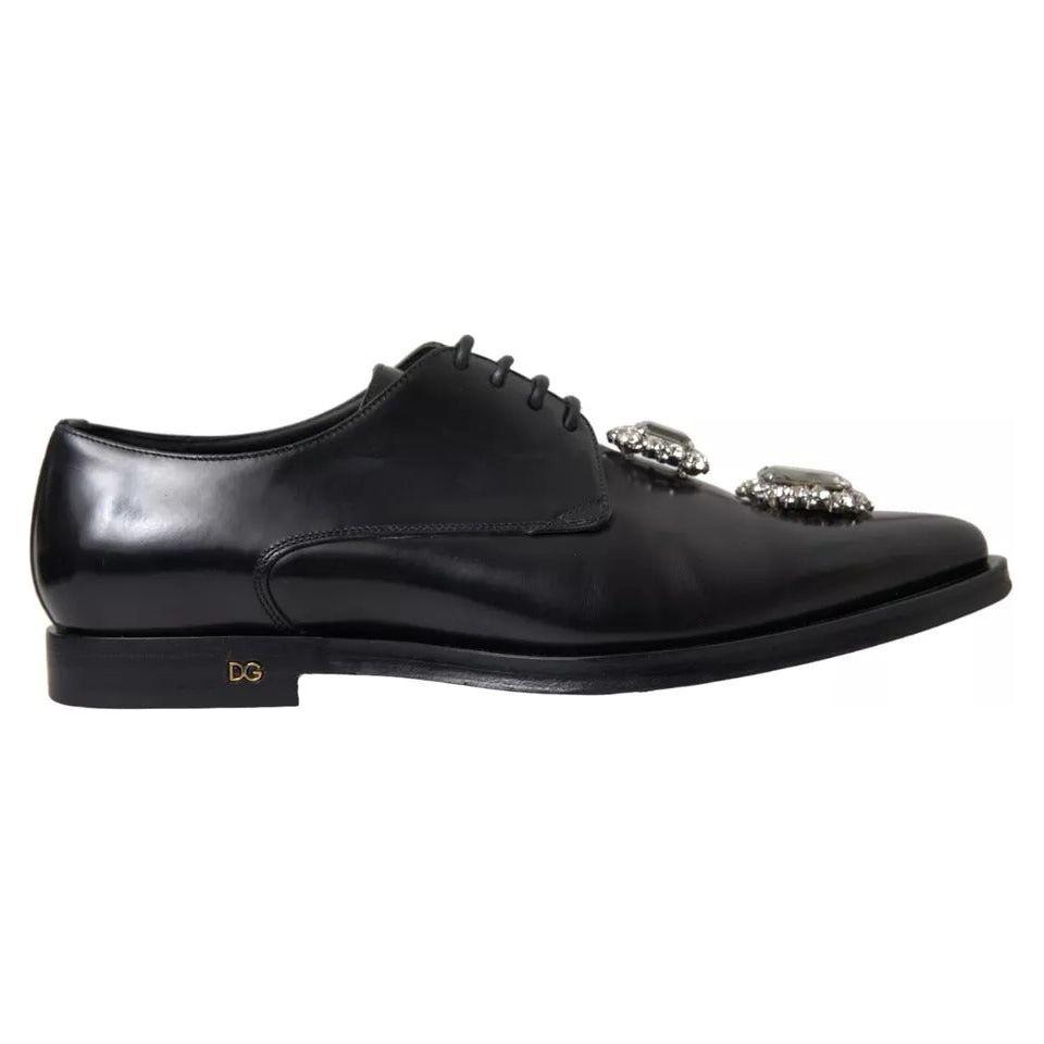 Dolce & Gabbana Black Leather Crystal Lace Up Formal Shoes Dolce & Gabbana Dark Slate Gray