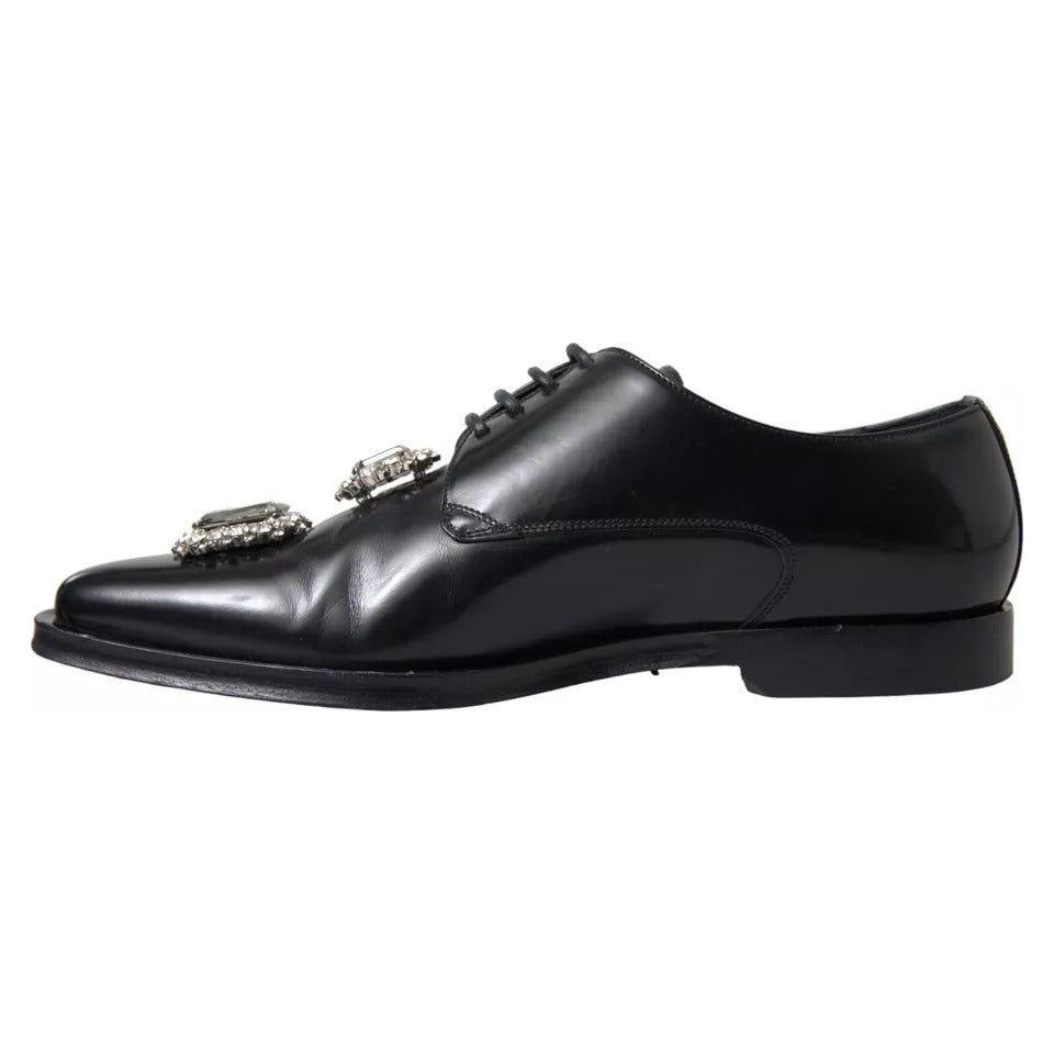 Dolce & Gabbana Black Leather Crystal Lace Up Formal Shoes Dolce & Gabbana Dark Slate Gray