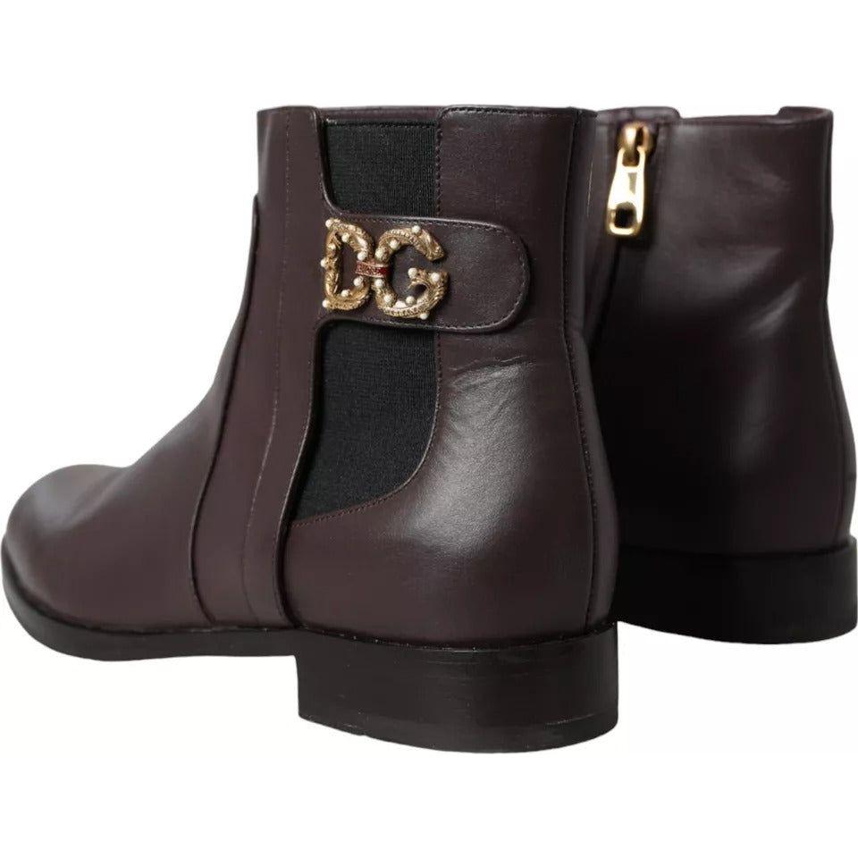 Dolce & Gabbana Brown Leather AMORE Flats Ankle Boots Shoes Dolce & Gabbana Dark Slate Gray