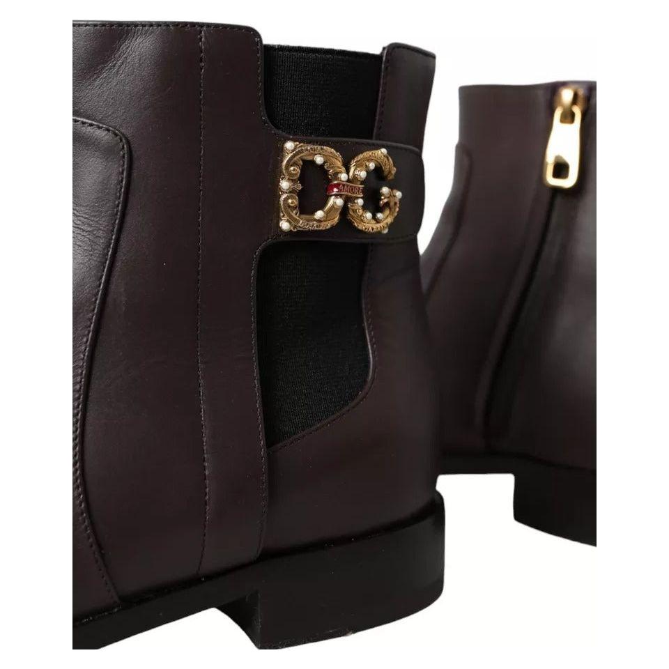 Dolce & Gabbana Brown Leather AMORE Flats Ankle Boots Shoes Dolce & Gabbana Black