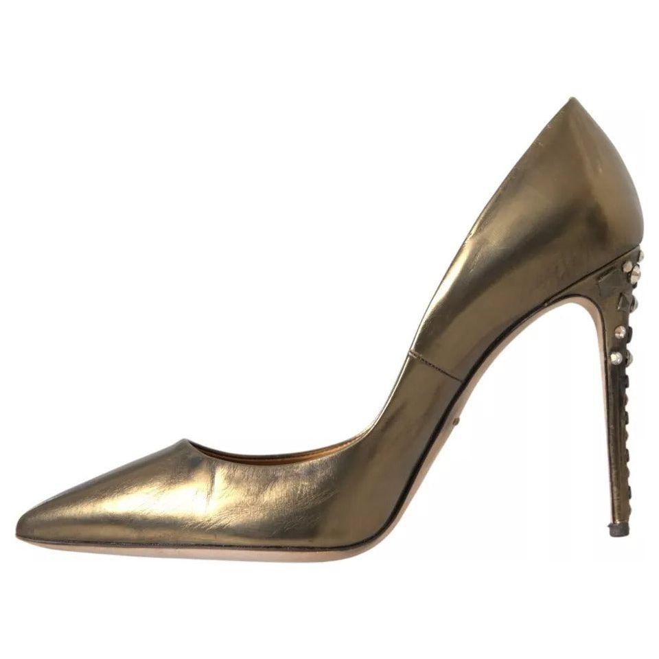 Dolce & Gabbana Bronze Leather Embellished Heels Pumps Shoes Dolce & Gabbana Dim Gray