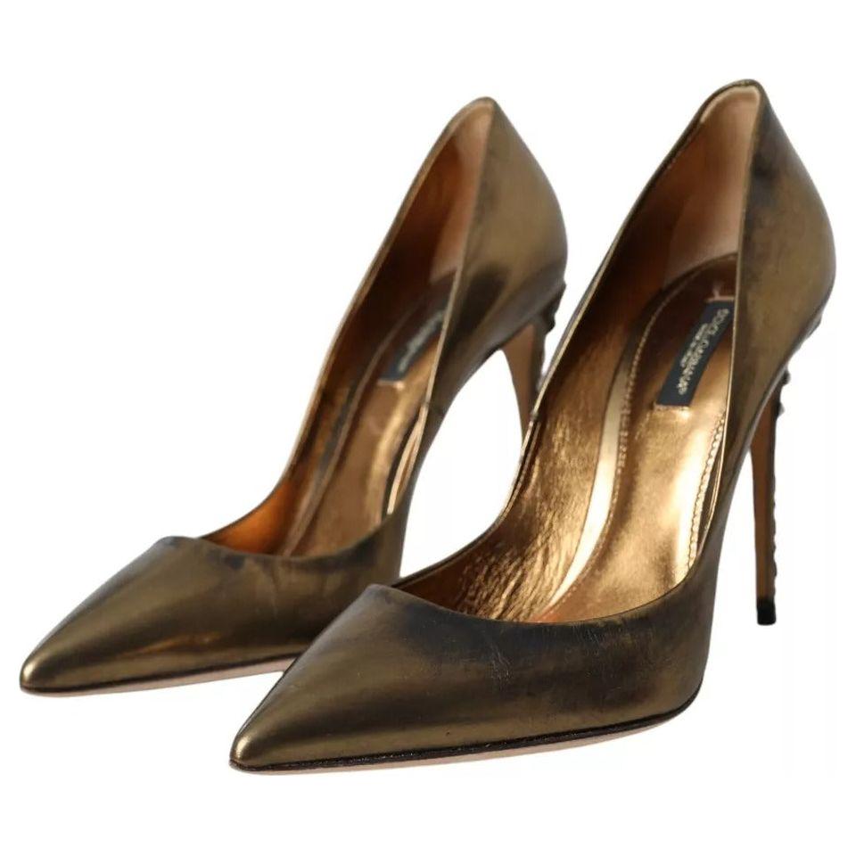Dolce & Gabbana Bronze Leather Embellished Heels Pumps Shoes Dolce & Gabbana Dark Olive Green