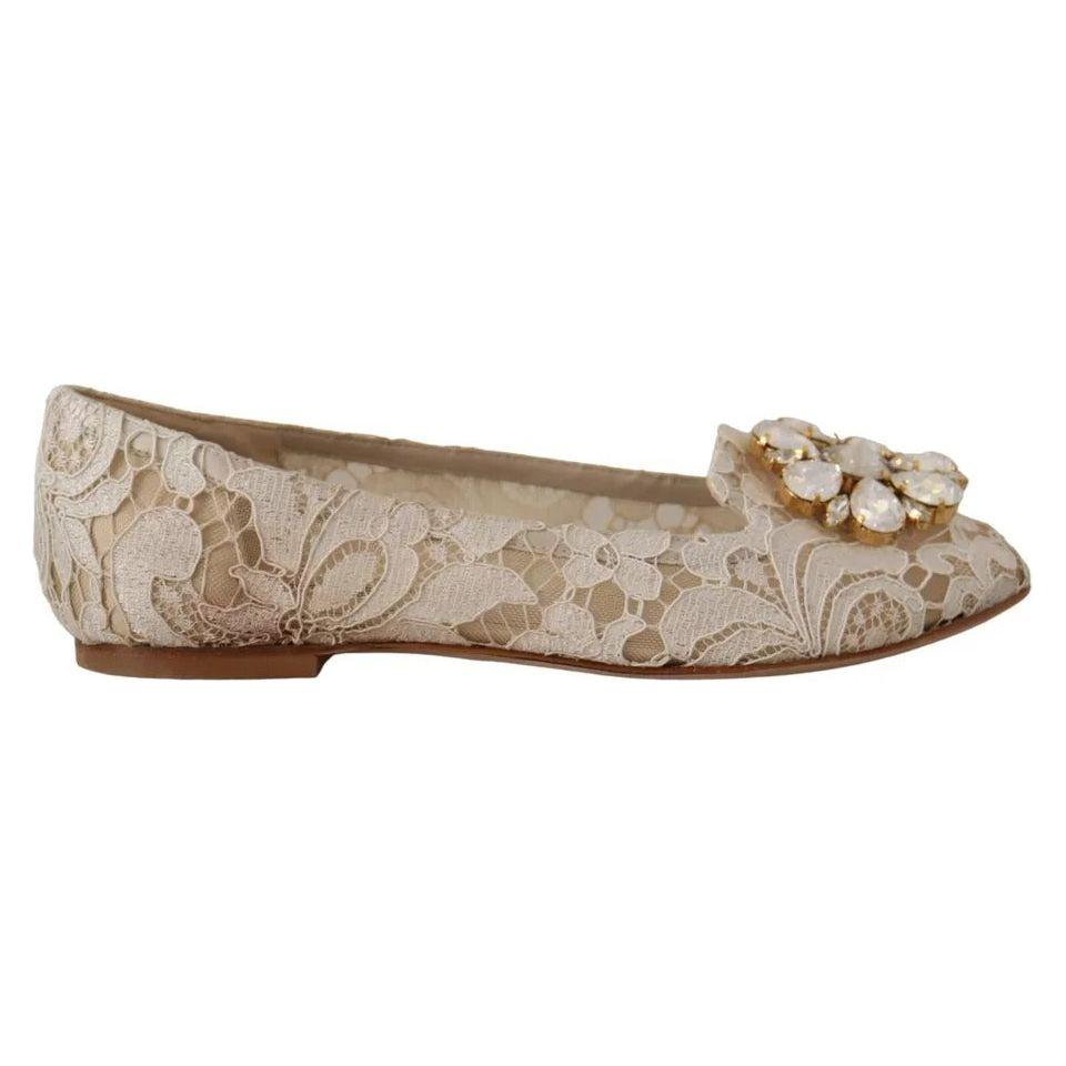 Dolce & Gabbana Beige Lace Crystal Ballet Flats Loafers Shoes Dolce & Gabbana Rosy Brown