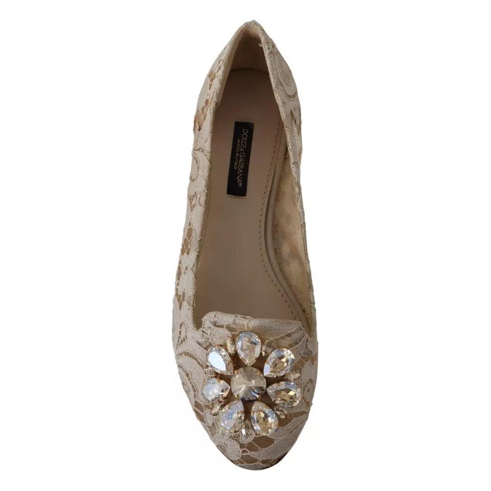 Dolce & Gabbana Beige Lace Crystal Ballet Flats Loafers Shoes Dolce & Gabbana Dim Gray