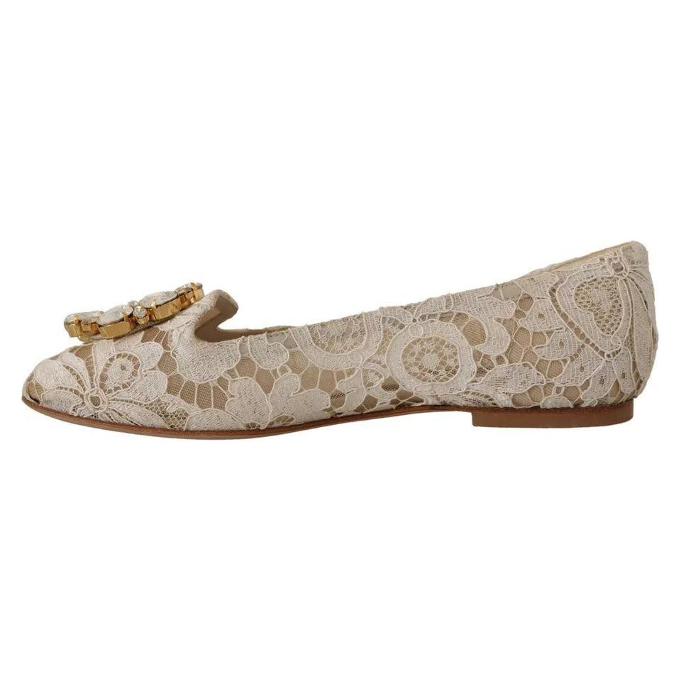 Dolce & Gabbana Beige Lace Crystal Ballet Flats Loafers Shoes Dolce & Gabbana Rosy Brown