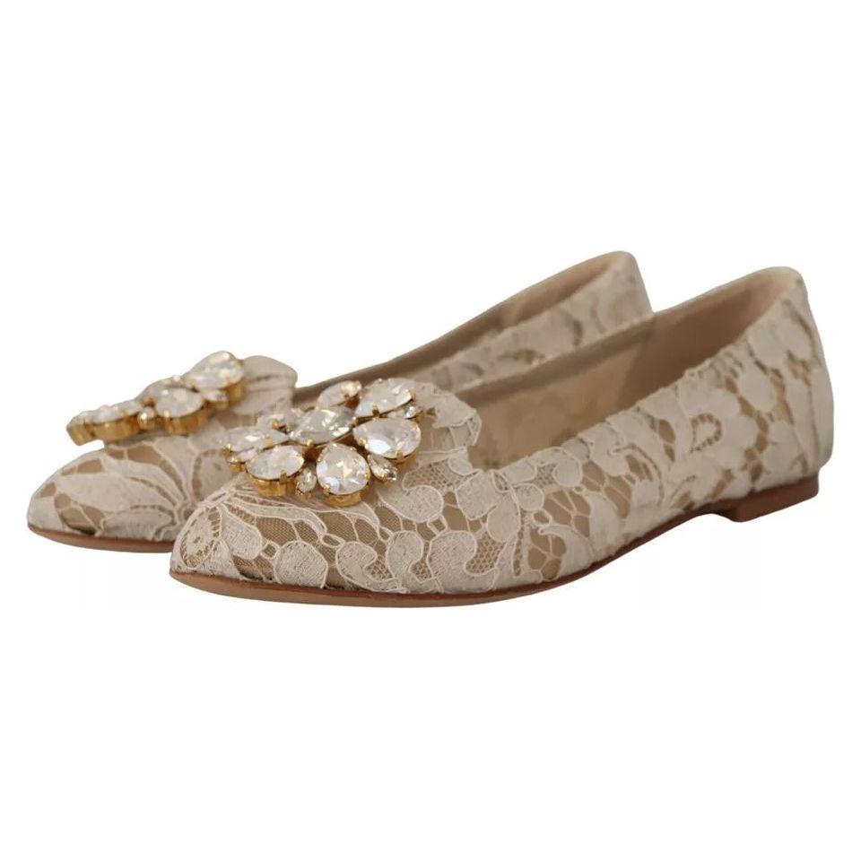 Dolce & Gabbana Beige Lace Crystal Ballet Flats Loafers Shoes Dolce & Gabbana Rosy Brown