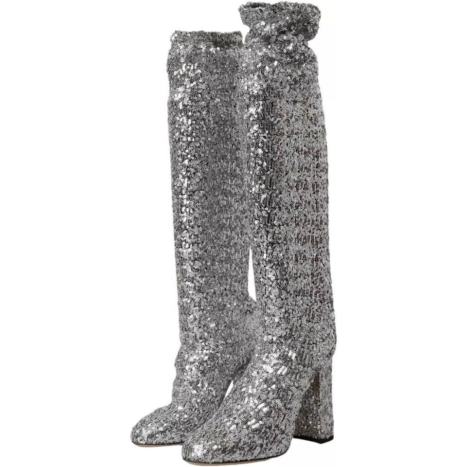 Dolce & Gabbana Silver Sequined High Boots Stretch Shoes Dolce & Gabbana Dim Gray