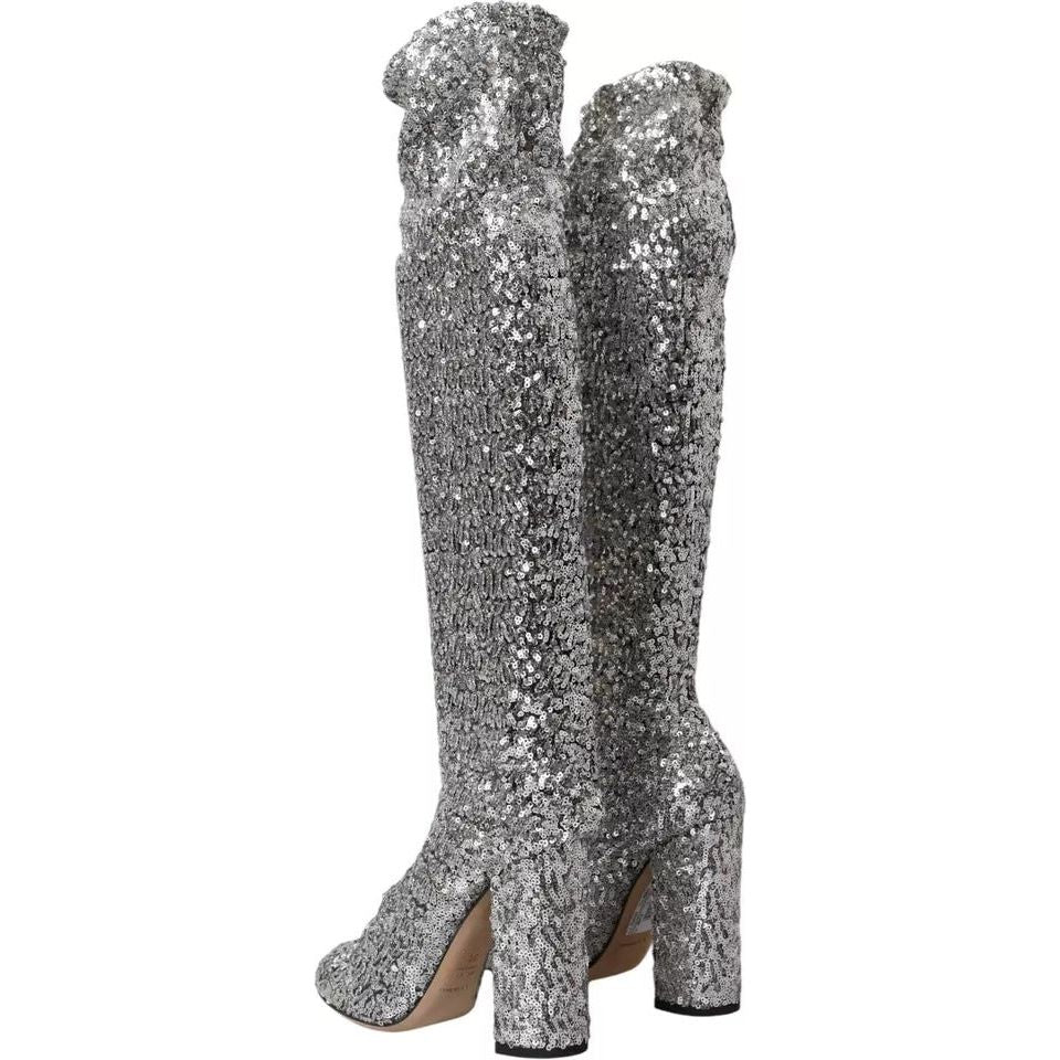 Dolce & Gabbana Silver Sequined High Boots Stretch Shoes Dolce & Gabbana Dim Gray