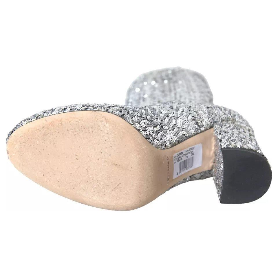 Dolce & Gabbana Silver Sequined High Boots Stretch Shoes Dolce & Gabbana Light Gray