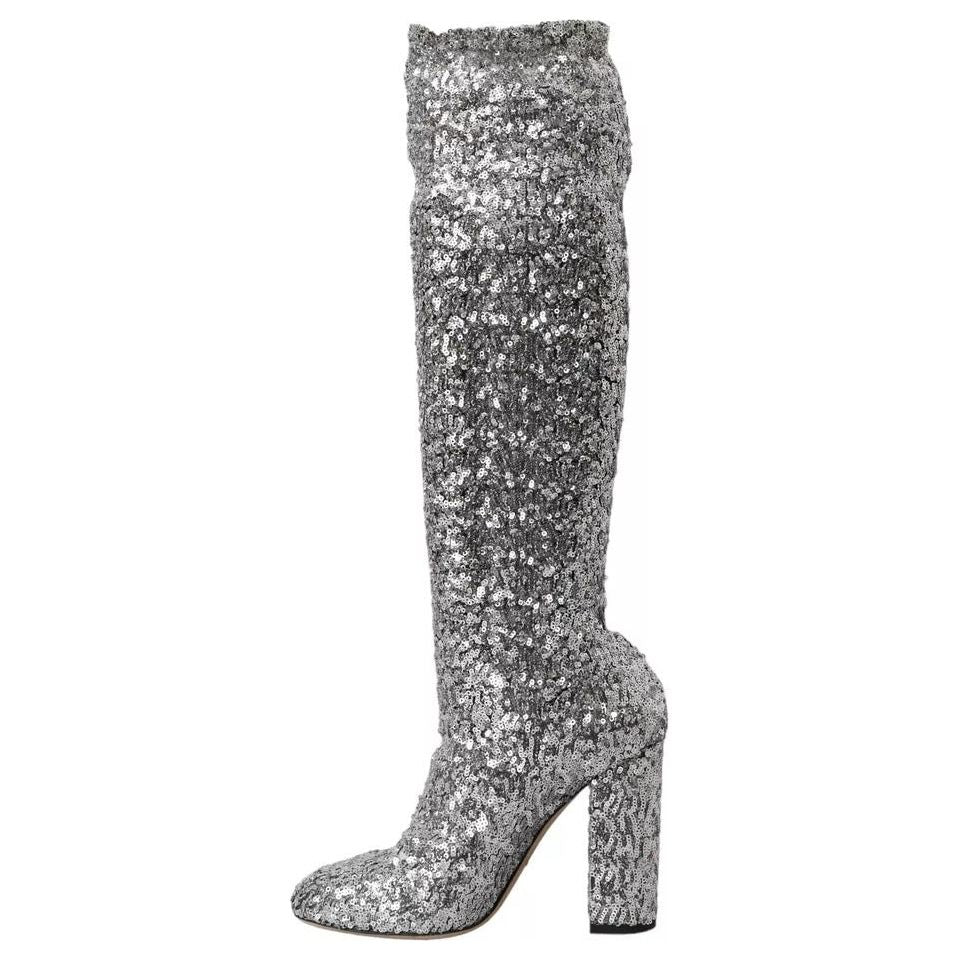 Dolce & Gabbana Silver Sequined High Boots Stretch Shoes Dolce & Gabbana Slate Gray