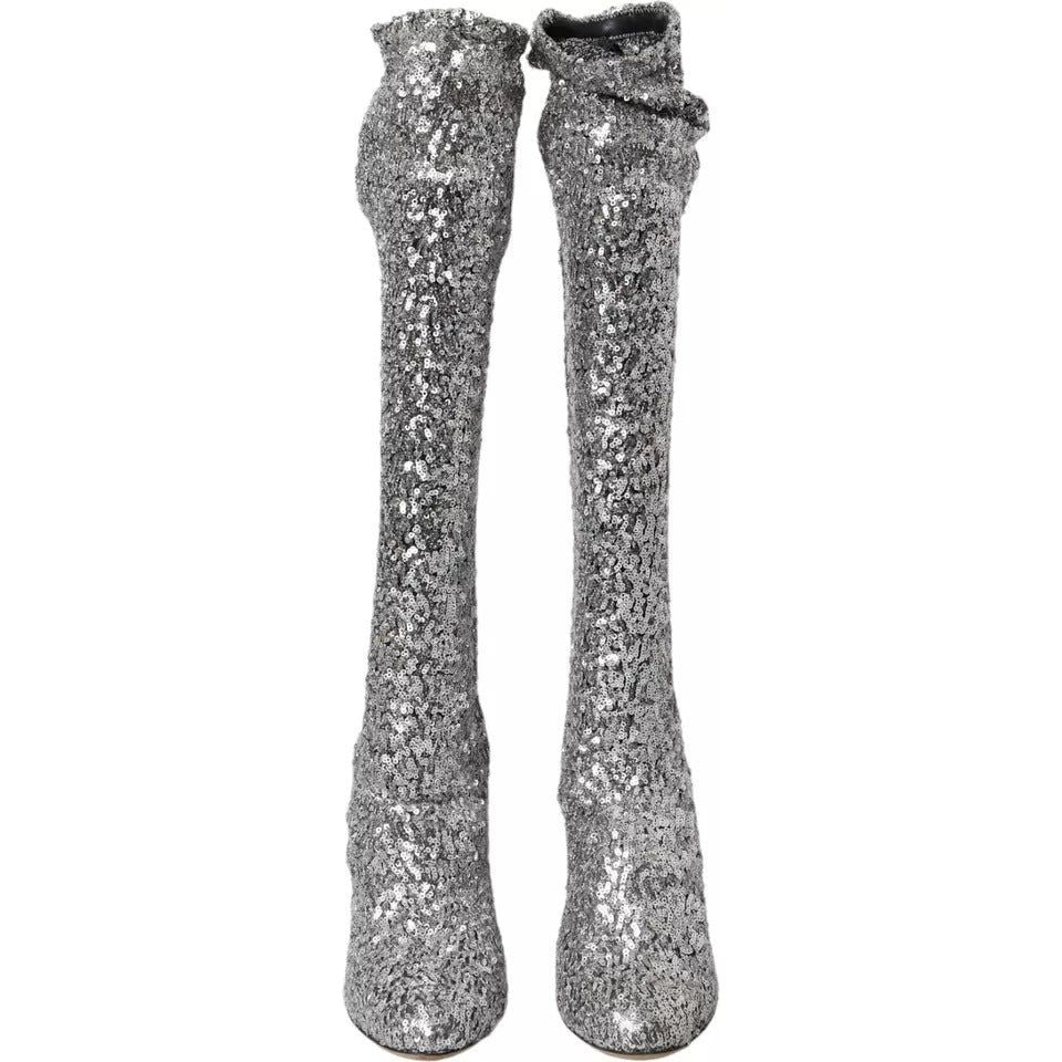 Dolce & Gabbana Silver Sequined High Boots Stretch Shoes Dolce & Gabbana Slate Gray