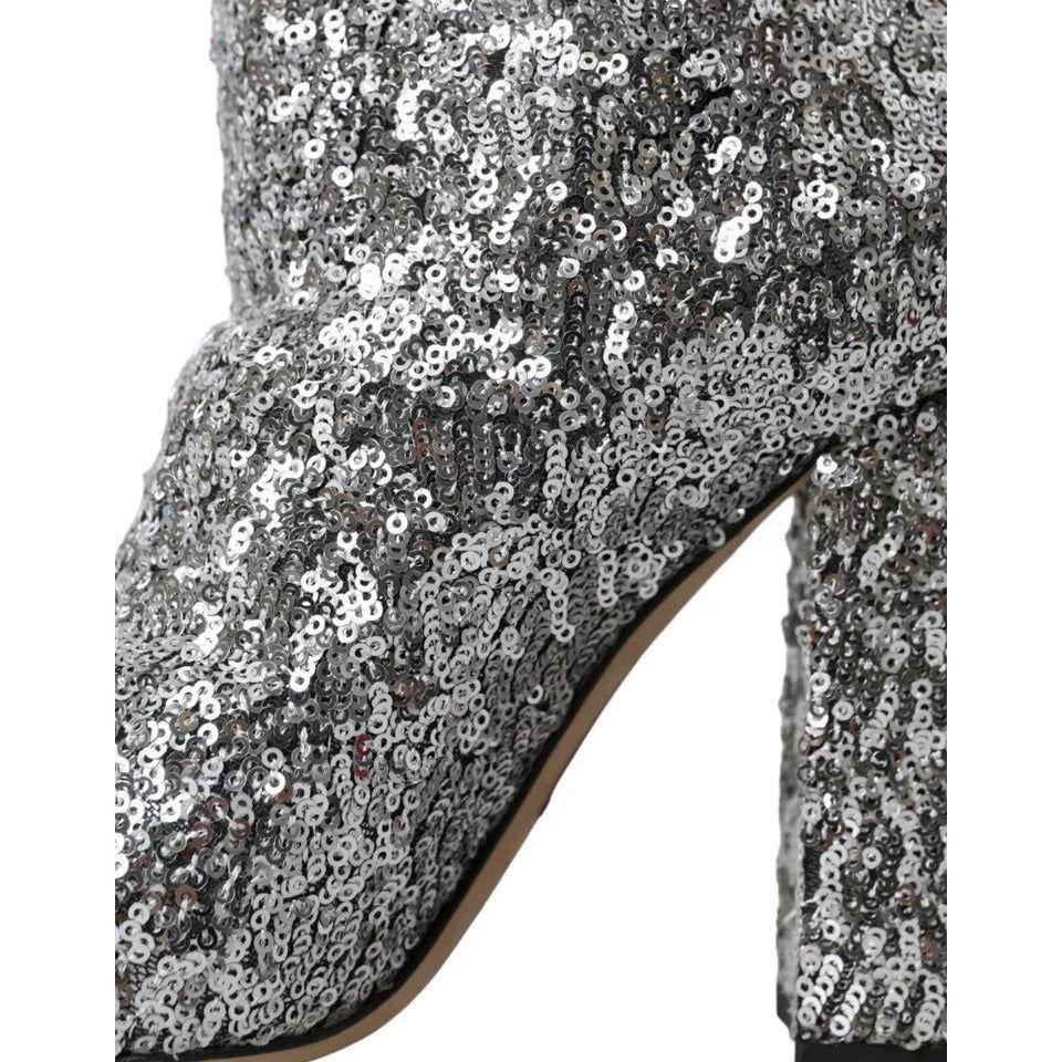 Dolce & Gabbana Silver Sequined High Boots Stretch Shoes Dolce & Gabbana Dim Gray