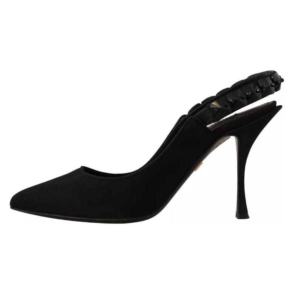 Dolce & Gabbana Black Embellished Heels Slingback Charmeuse Shoes Dolce & Gabbana Black