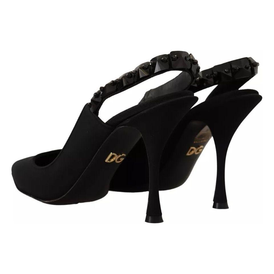 Dolce & Gabbana Black Embellished Heels Slingback Charmeuse Shoes Dolce & Gabbana Black