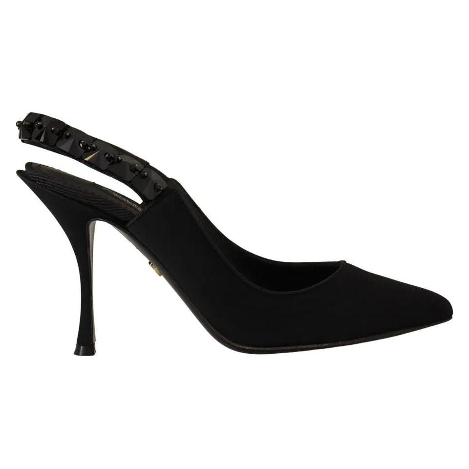 Dolce & Gabbana Black Embellished Heels Slingback Charmeuse Shoes Dolce & Gabbana Black