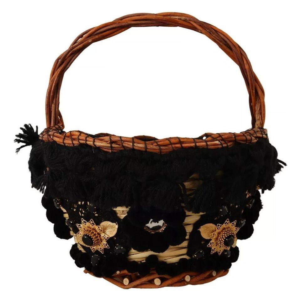 Dolce & Gabbana Black Beige Straw Basket Tote Pom Pom Crystals Bag Dolce & Gabbana Rosy Brown