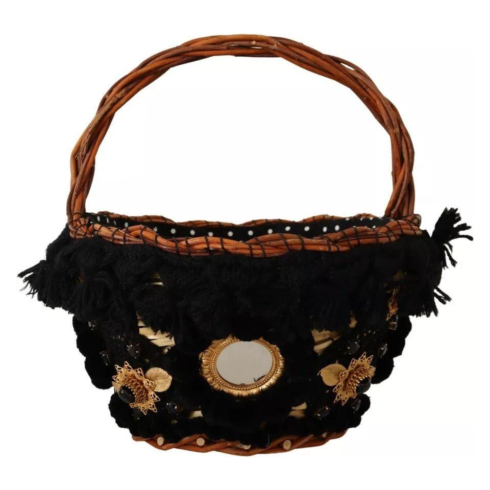 Dolce & Gabbana Black Beige Straw Basket Tote Pom Pom Crystals Bag Dolce & Gabbana Rosy Brown