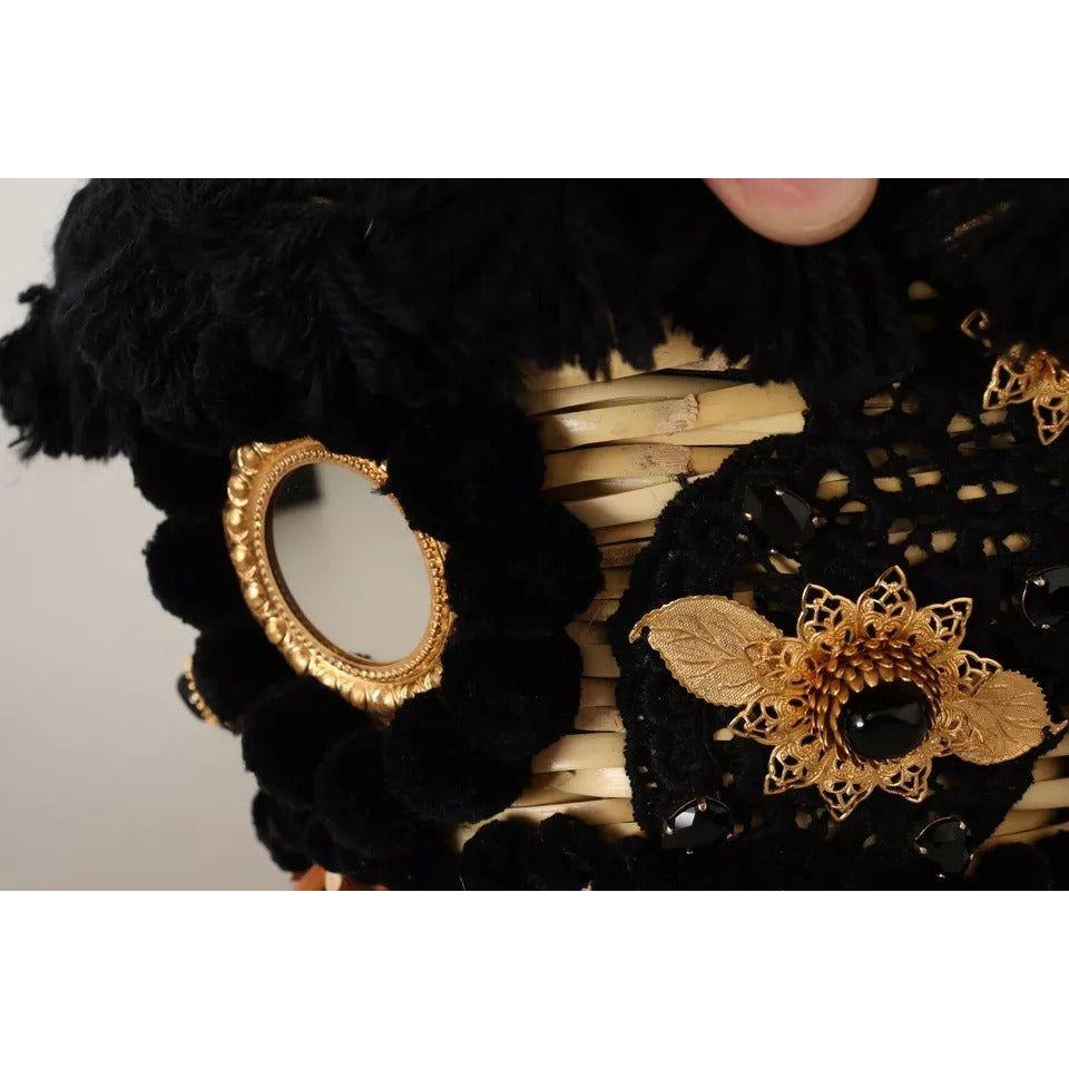 Dolce & Gabbana Black Beige Straw Basket Tote Pom Pom Crystals Bag Dolce & Gabbana Black