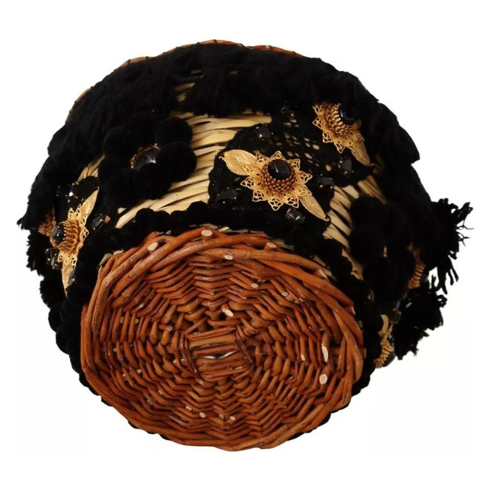 Dolce & Gabbana Black Beige Straw Basket Tote Pom Pom Crystals Bag Dolce & Gabbana Black