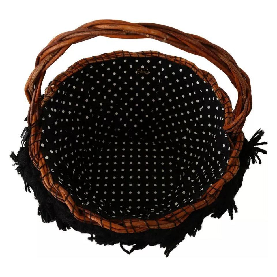 Dolce & Gabbana Black Beige Straw Basket Tote Pom Pom Crystals Bag Dolce & Gabbana Black