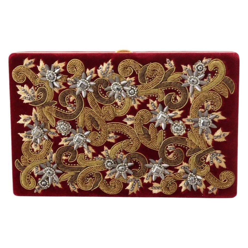 Dolce & Gabbana Red Velvet Gold Frame Clutch Evening Party Purse Bag Dolce & Gabbana Saddle Brown