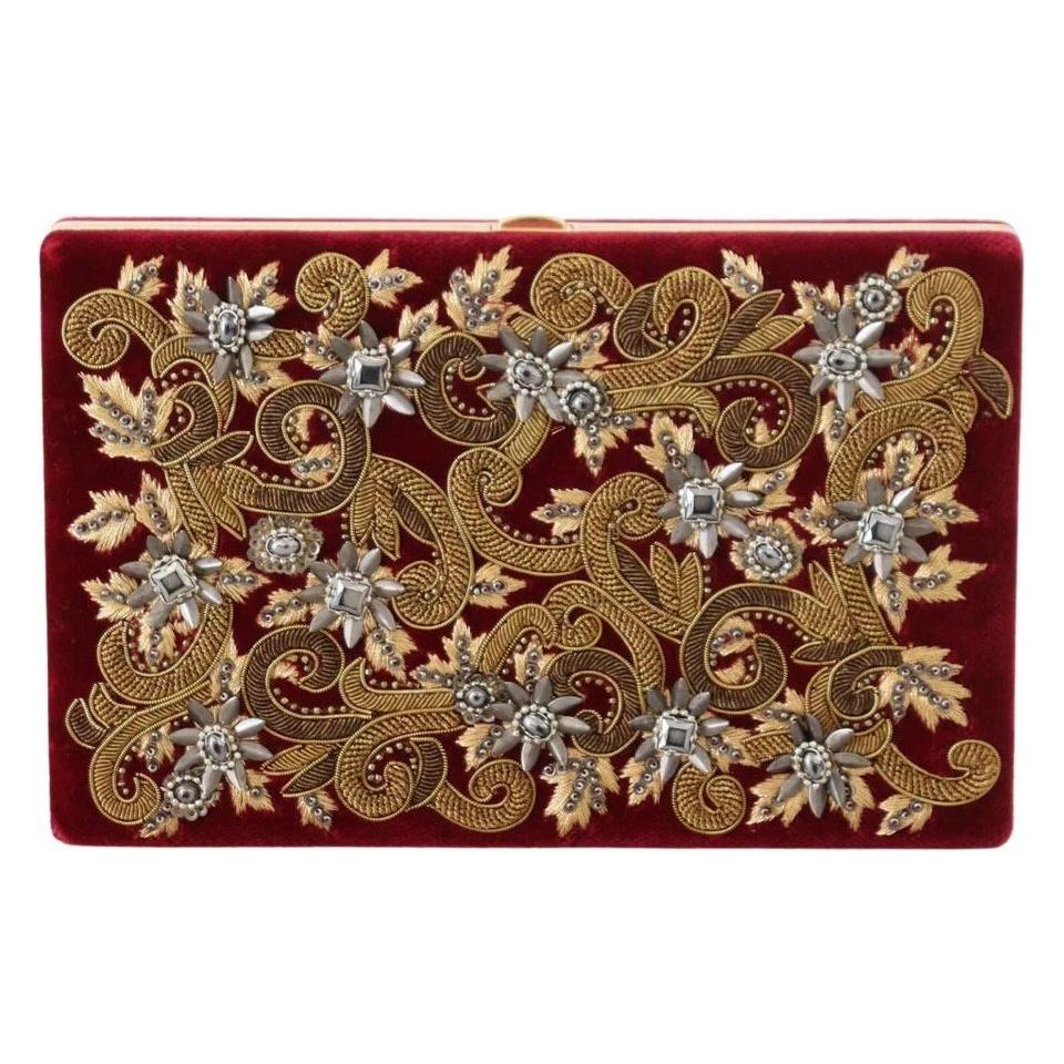 Dolce & Gabbana Red Velvet Gold Frame Clutch Evening Party Purse Bag Dolce & Gabbana Saddle Brown