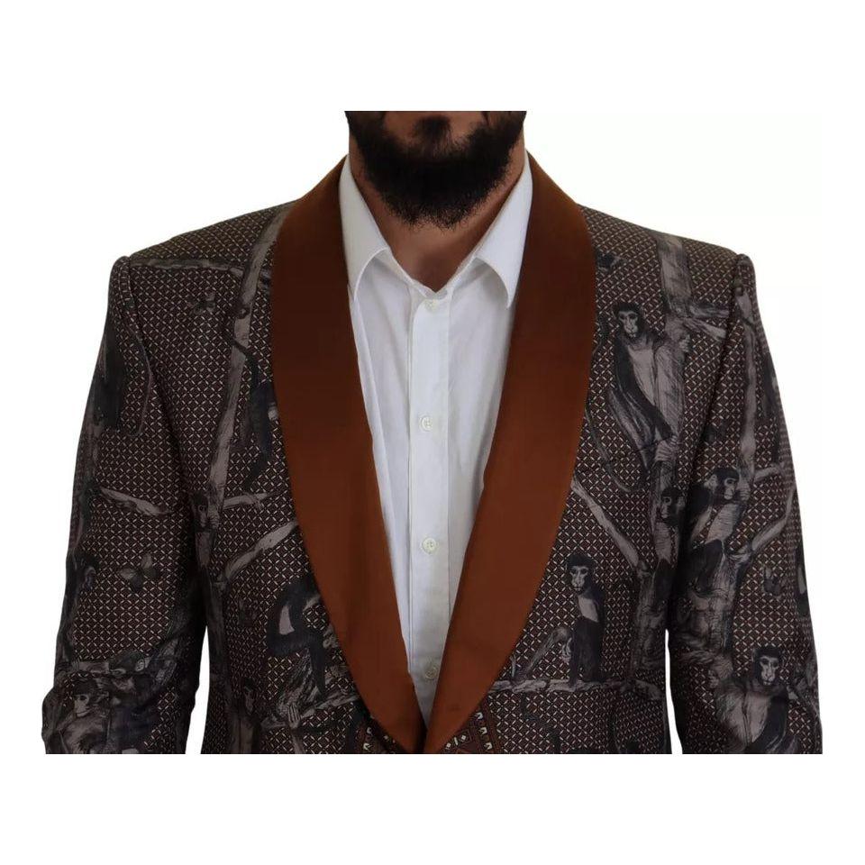 Dolce & Gabbana Bronze Monkey Print Silk Slim Jacket Blazer Dolce & Gabbana Dark Slate Gray