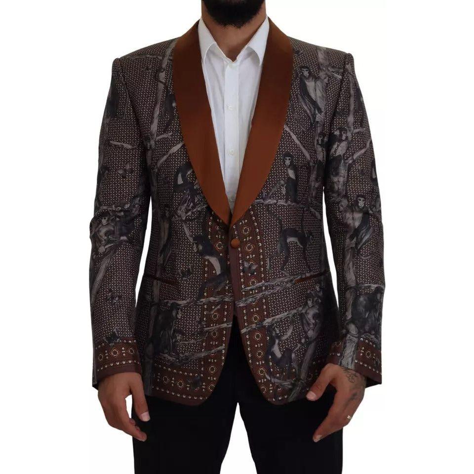 Dolce & Gabbana Bronze Monkey Print Silk Slim Jacket Blazer Dolce & Gabbana Black
