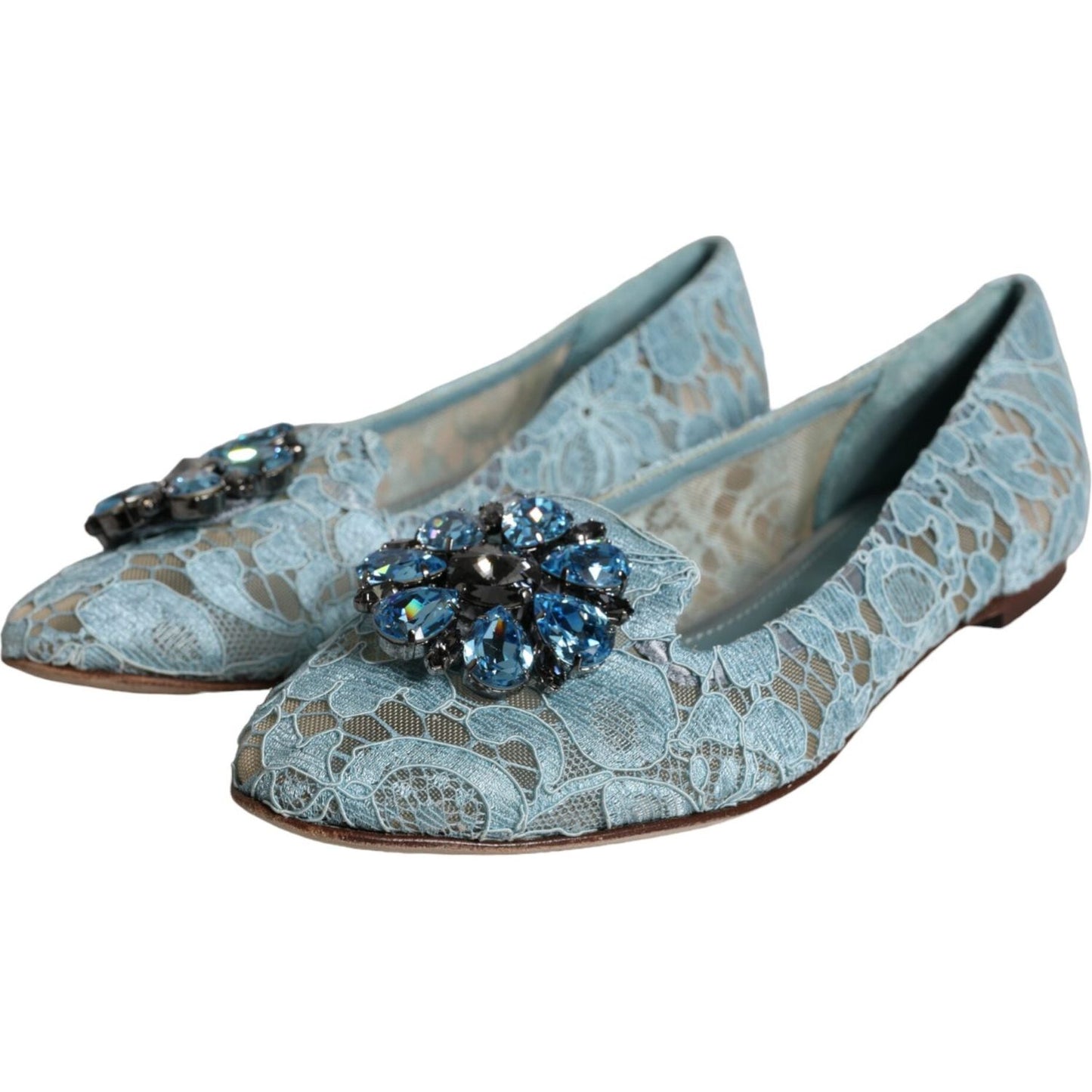 Dolce & Gabbana Blue Lace Crystal Ballet Flats Loafers Shoes Dolce & Gabbana Light Slate Gray