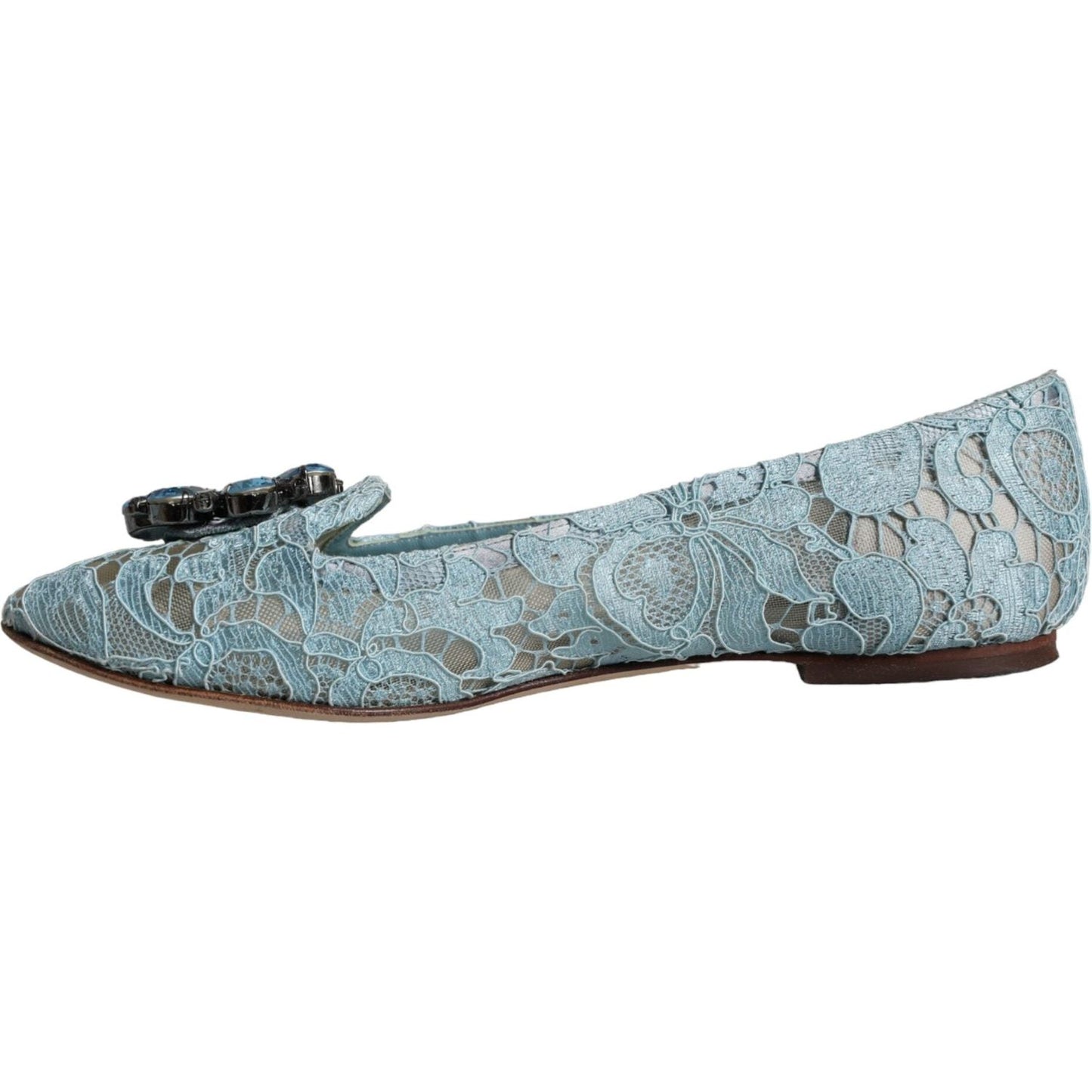 Dolce & Gabbana Blue Lace Crystal Ballet Flats Loafers Shoes Dolce & Gabbana Light Slate Gray