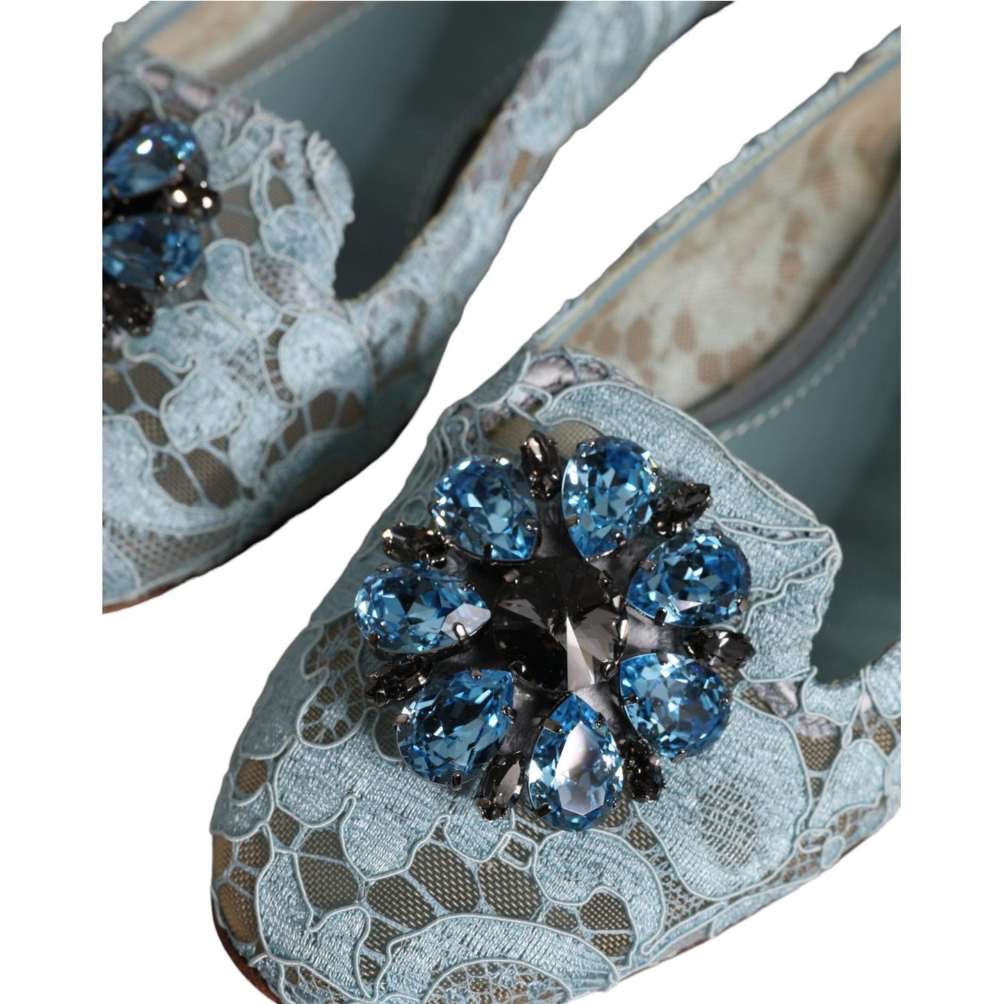 Dolce & Gabbana Blue Lace Crystal Ballet Flats Loafers Shoes Dolce & Gabbana Dark Slate Gray