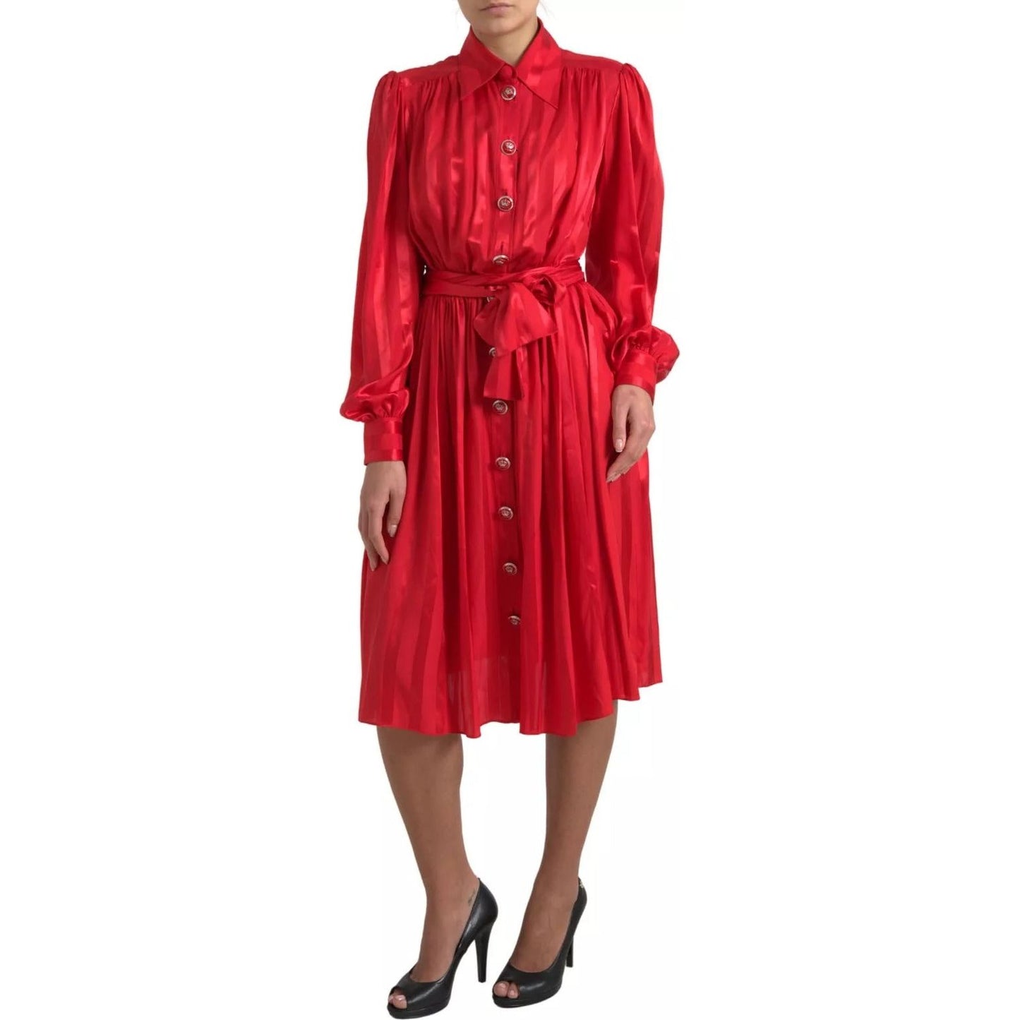 Dolce & Gabbana Elegant Red Silk Midi Dress with Button Detail Dolce & Gabbana Brown