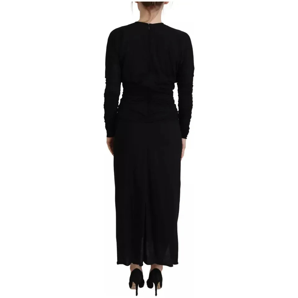 Dolce & Gabbana Black Sheath Midi Gown Wool Wrap Dress Dolce & Gabbana Black