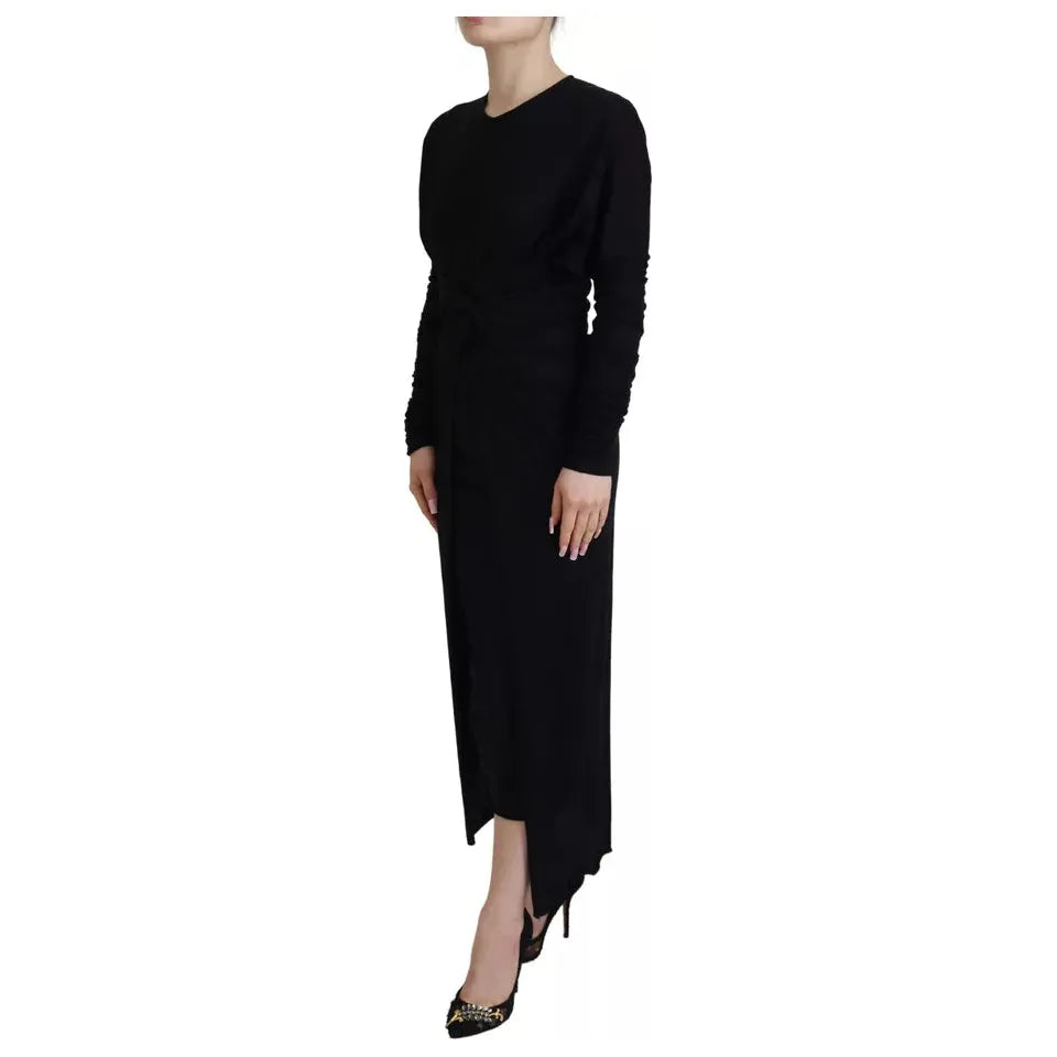 Dolce & Gabbana Black Sheath Midi Gown Wool Wrap Dress Dolce & Gabbana Rosy Brown