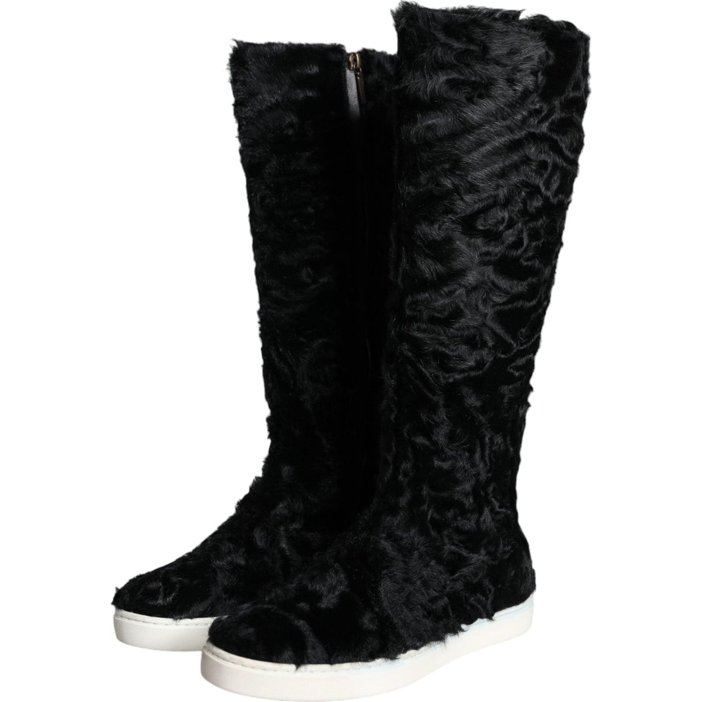 Dolce & Gabbana Black Xiangao Lamb Fur Leather Boots Shoes Dolce & Gabbana Black