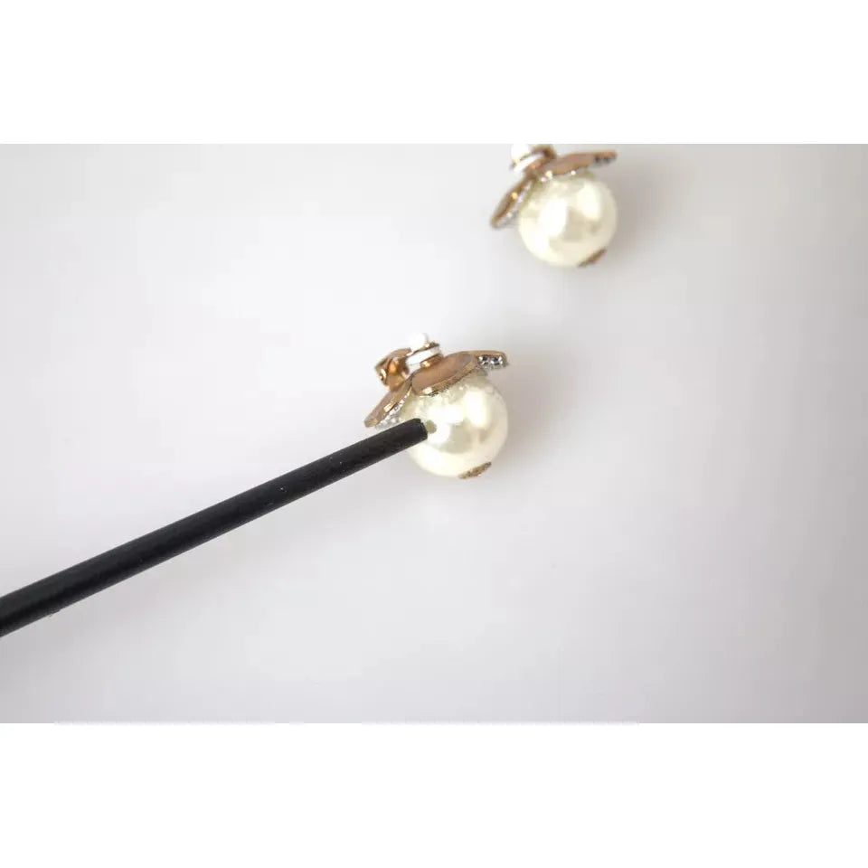 Dolce & Gabbana Gold Tone Maxi Faux Pearl Floral Clip-on Jewelry Earrings Earrings Dolce & Gabbana Light Gray