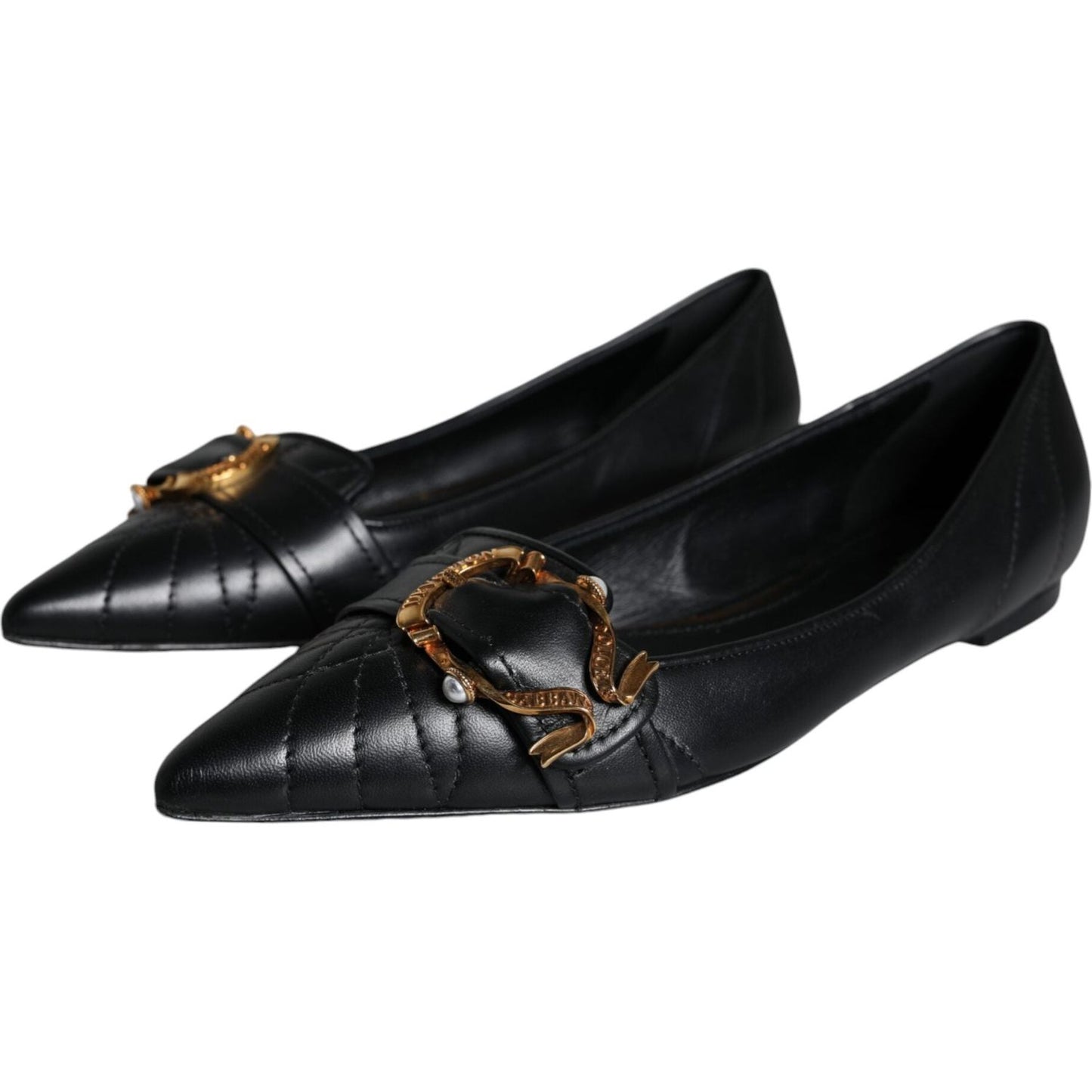 Dolce & Gabbana Black Devotion Leather Pointy Flats Shoes Dolce & Gabbana Black