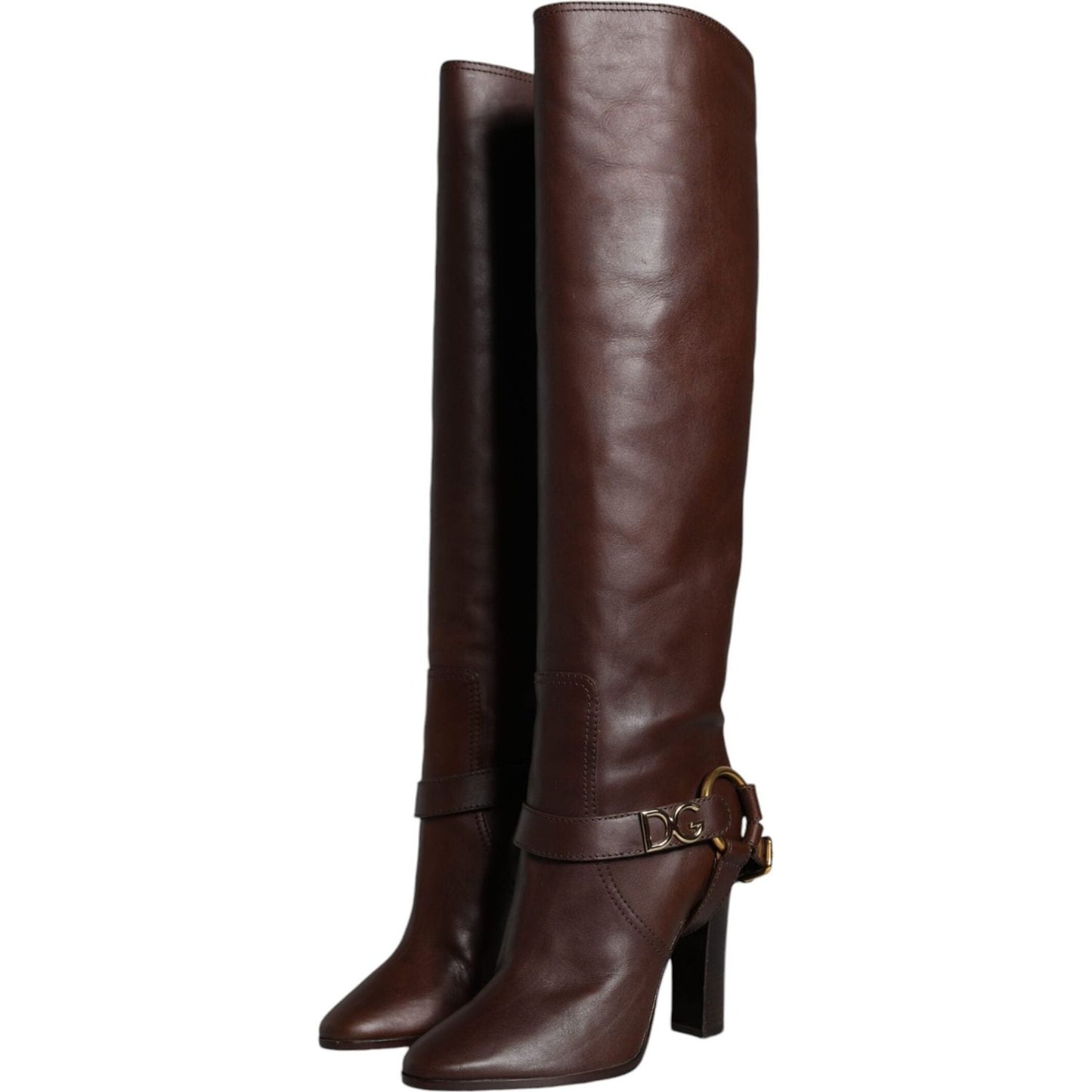Dolce & Gabbana Brown Leather Gold Tone Logo High Boots Shoes Dolce & Gabbana Dark Slate Gray