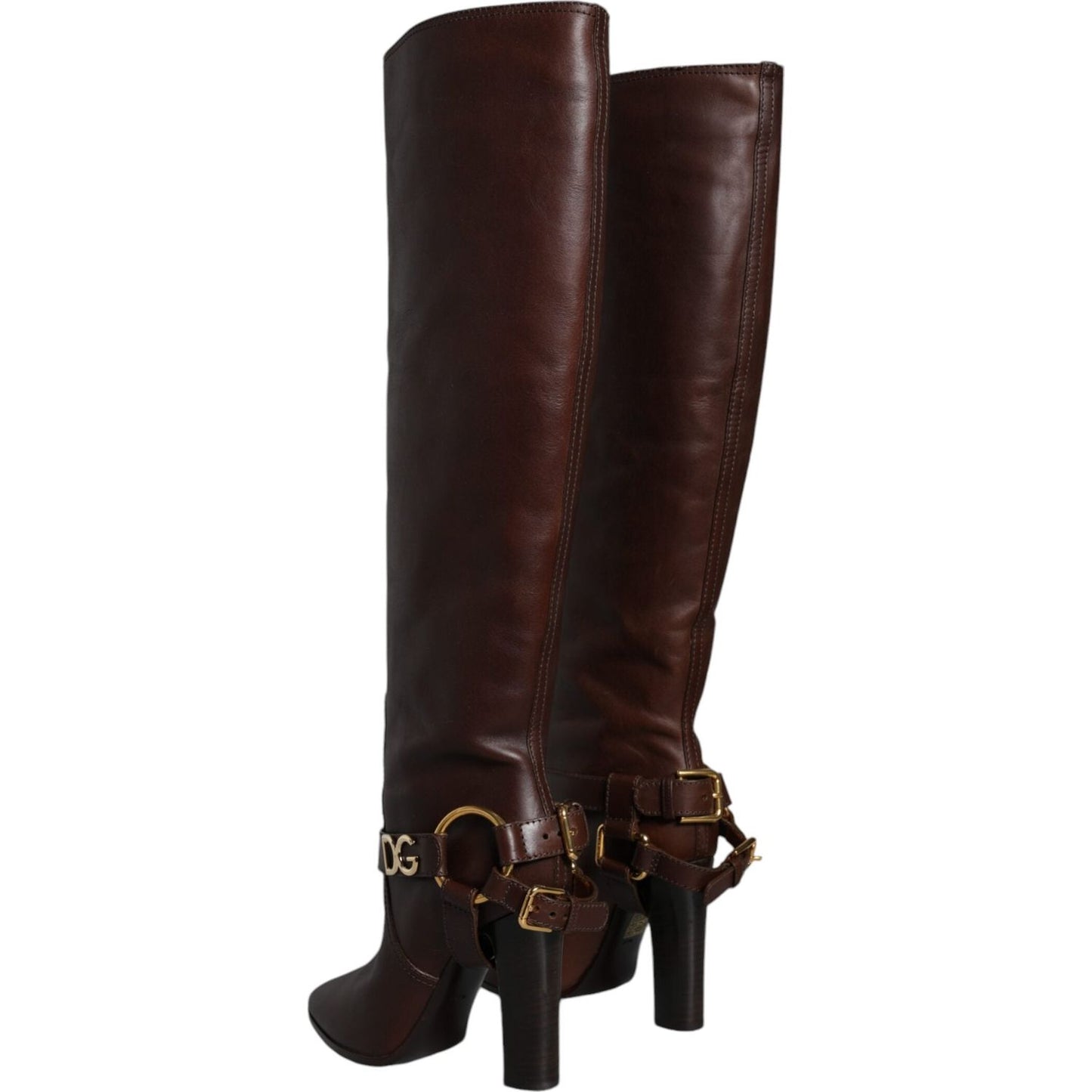 Dolce & Gabbana Brown Leather Gold Tone Logo High Boots Shoes Dolce & Gabbana Black