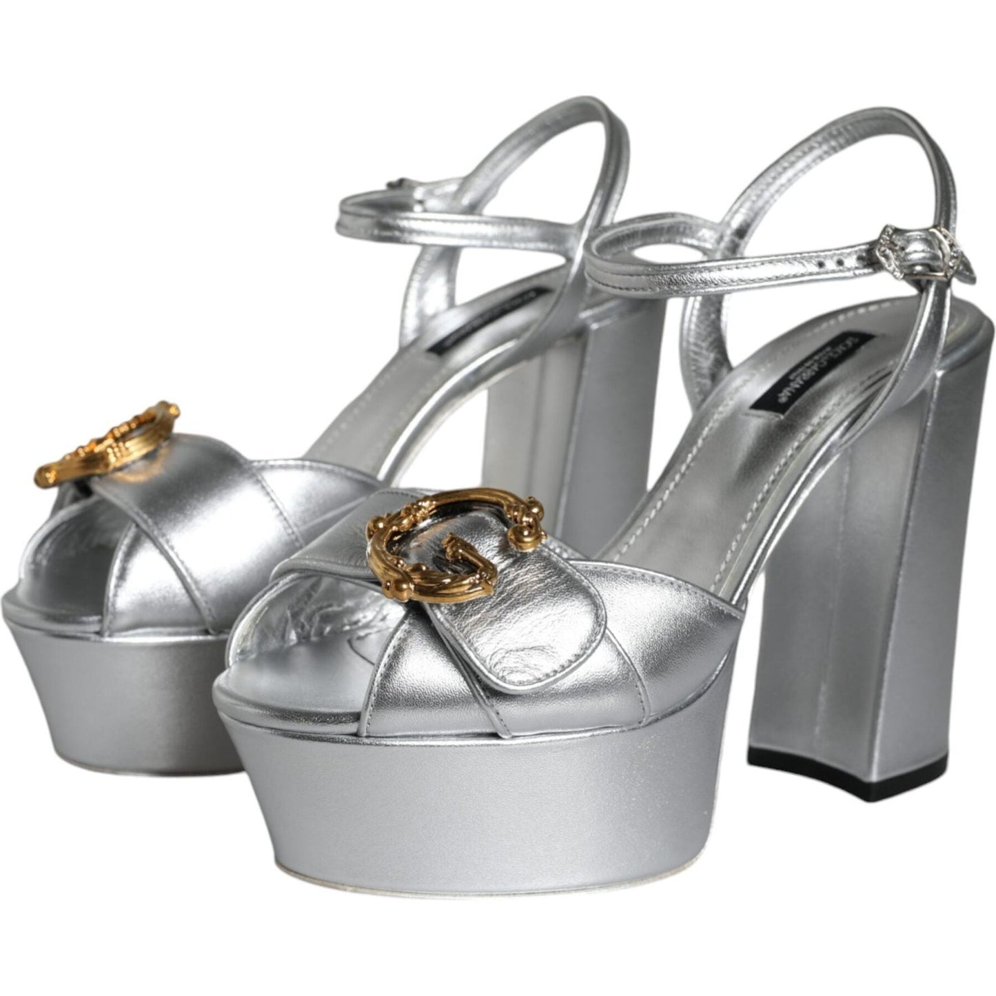 Dolce & Gabbana Silver Leather Platform Logo Keira Sandals Shoes Dolce & Gabbana Light Slate Gray