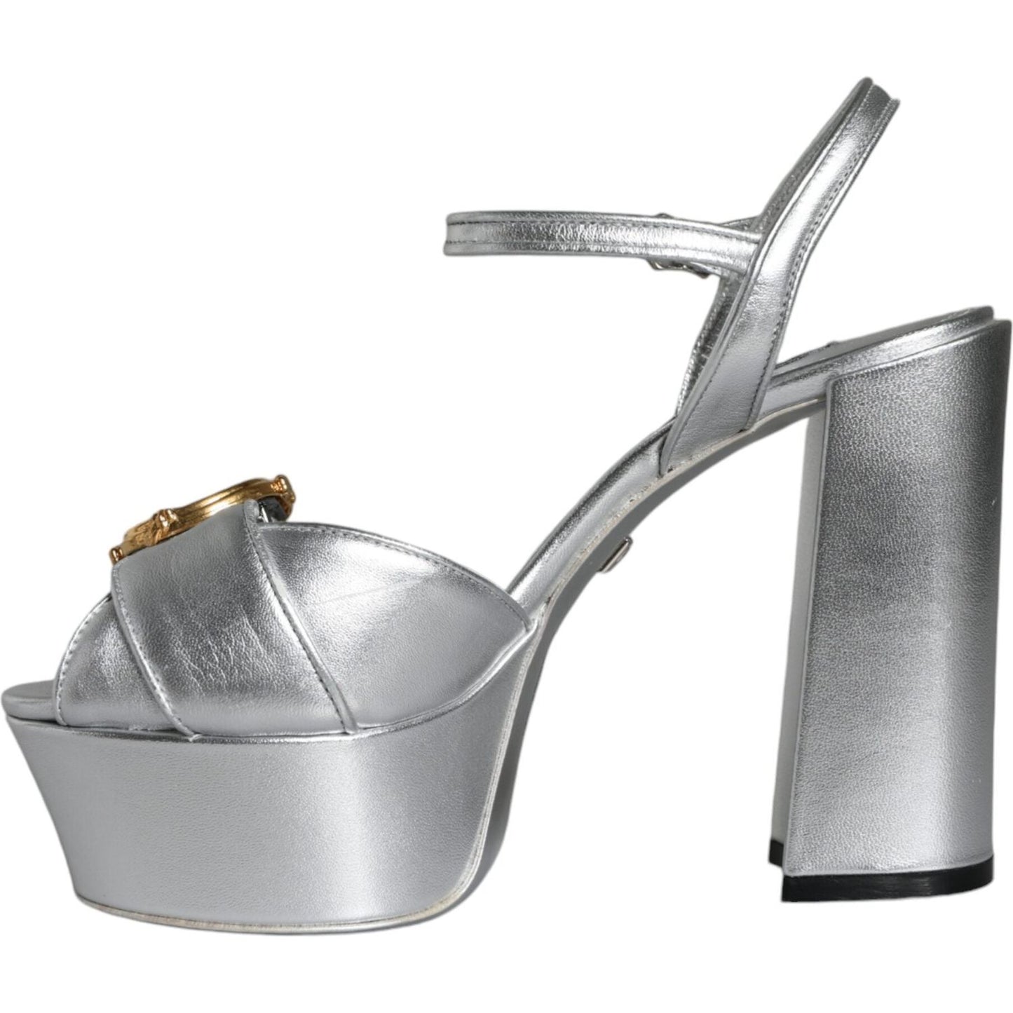 Dolce & Gabbana Silver Leather Platform Logo Keira Sandals Shoes Dolce & Gabbana Light Slate Gray