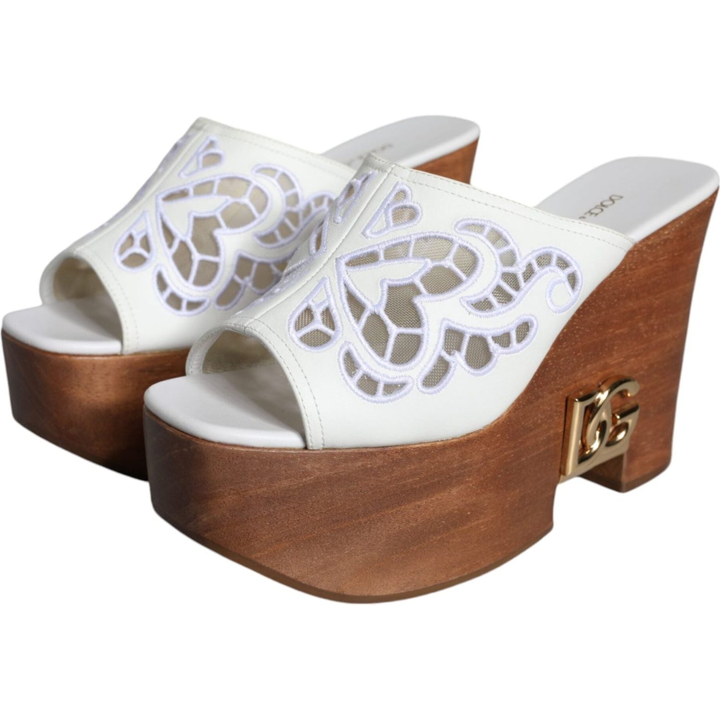 Dolce & Gabbana White Leather Wood Mules Wedge Slides Shoes Dolce & Gabbana Light Gray