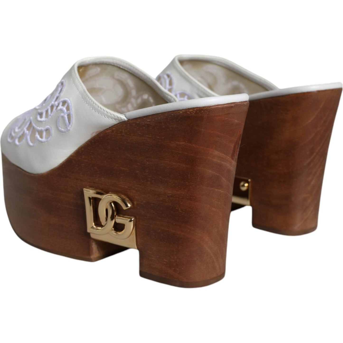 Dolce & Gabbana White Leather Wood Mules Wedge Slides Shoes Dolce & Gabbana Saddle Brown