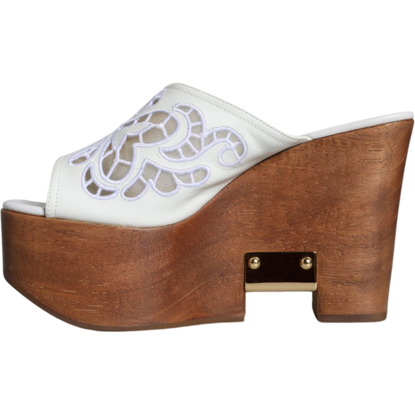 Dolce & Gabbana White Leather Wood Mules Wedge Slides Shoes Dolce & Gabbana Sienna
