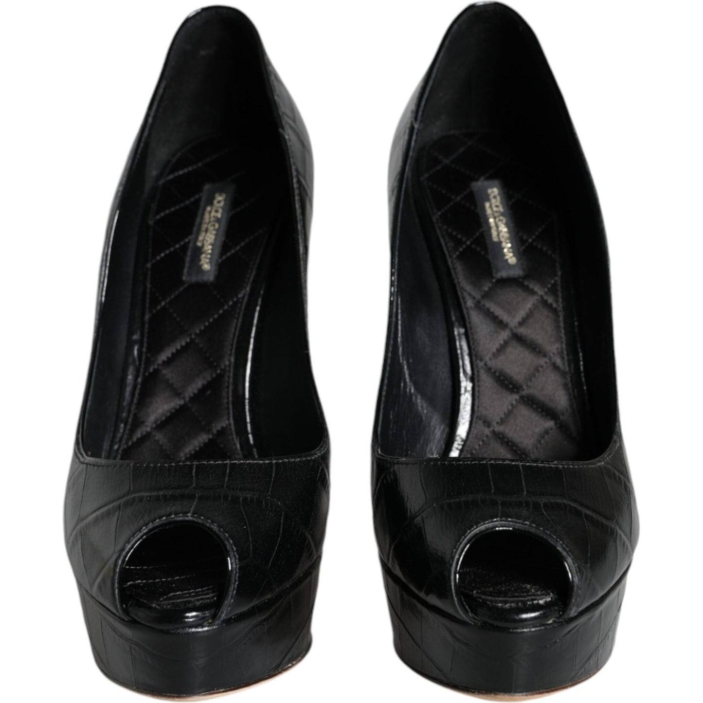 Dolce & Gabbana black leather platform heels pumps with logo detail, elegant design, made in Italy.